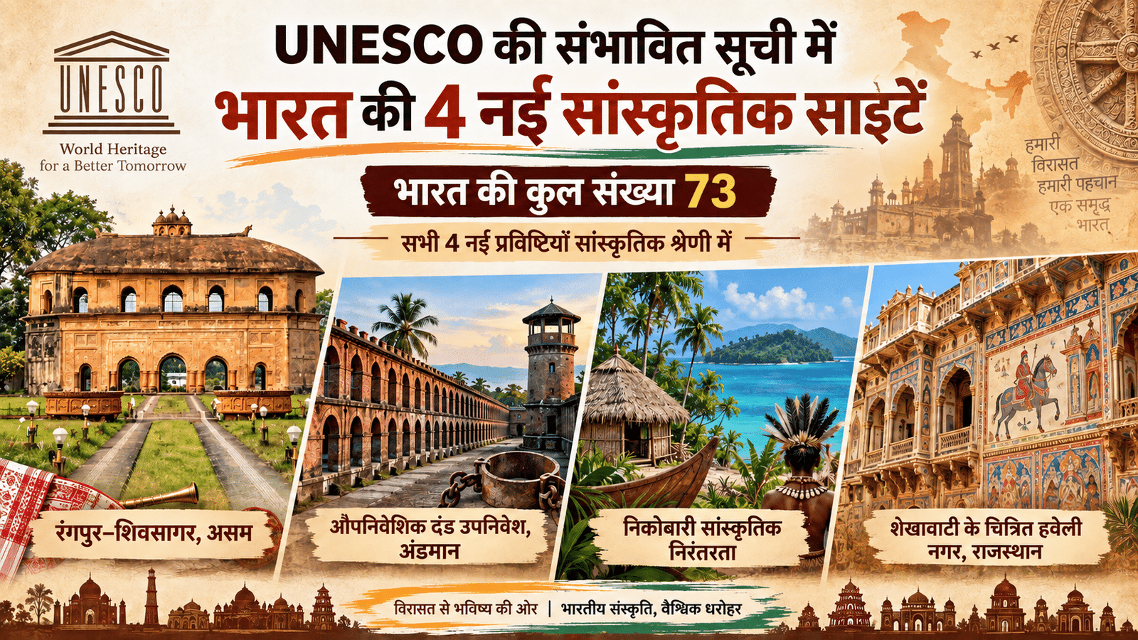 UNESCO Tentative List 2026 featuring India’s four new cultural heritage sites from Assam, Andaman and Nicobar Islands, and Rajasthan.