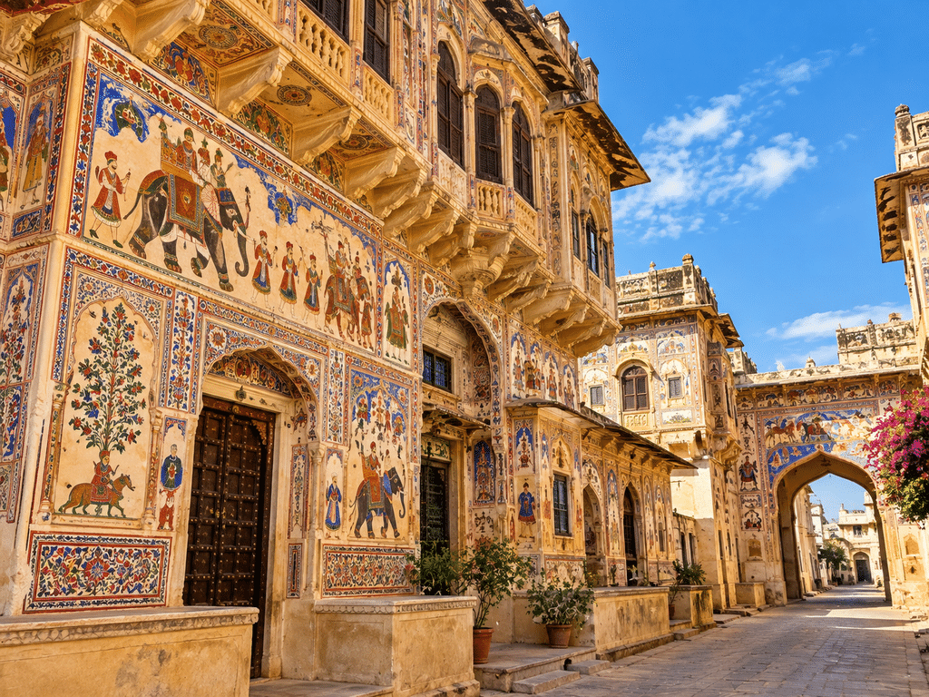 Traditional painted havelis of shekhawati in rajasthan featuring colorful frescoes and historic architecture.