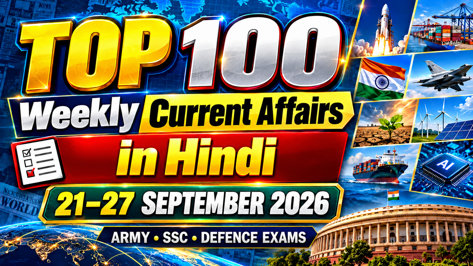 Top 100 Weekly Current Affairs MCQ in Hindi (21 to 27 September) for Army, SSC & Defence Exams